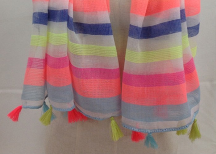 Chinese factory colorful yarn stripe spring summer thin tassel scarf 100% Polyester 50*160cm sun protection