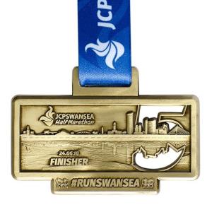 China Blue Ribbon Rectangle Gold Engraved Zinc Alloy Custom Medals wholesale