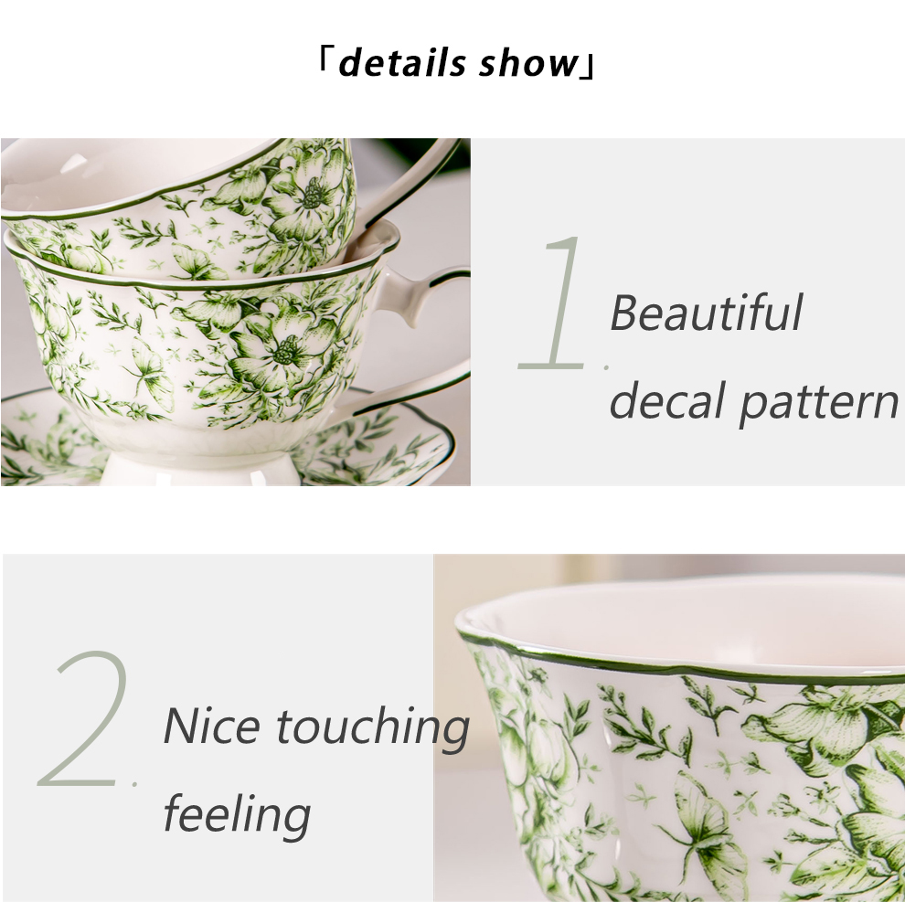 Business Gifts Occasion Ceramic Green Floral Bone Tea Cup Set With Saucer And Coffee Mug