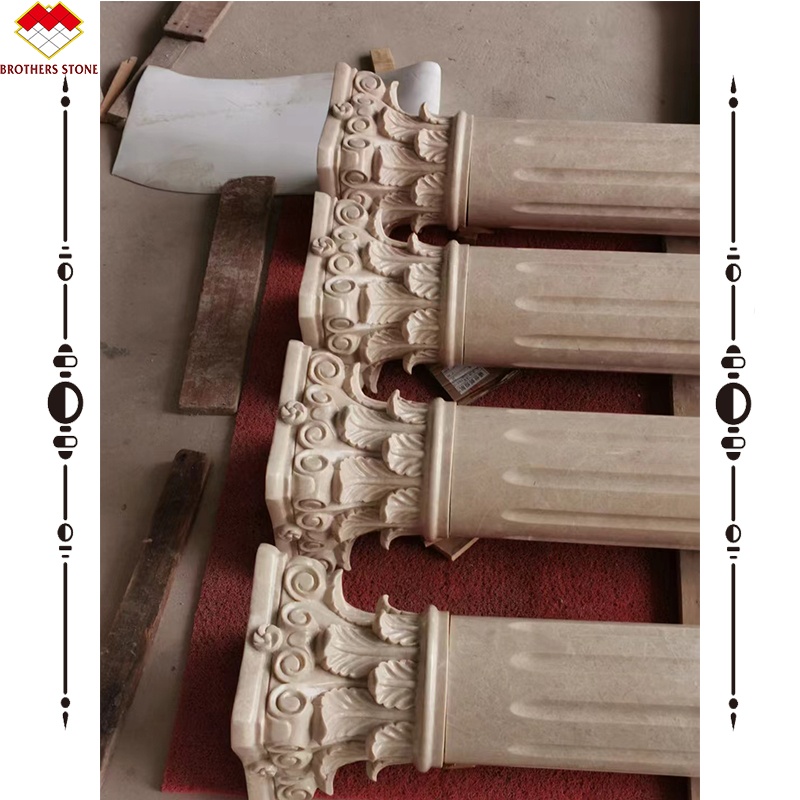 Hotel Solid Beige Cream Stone Roman Marble Pillar Carving Design for Construction