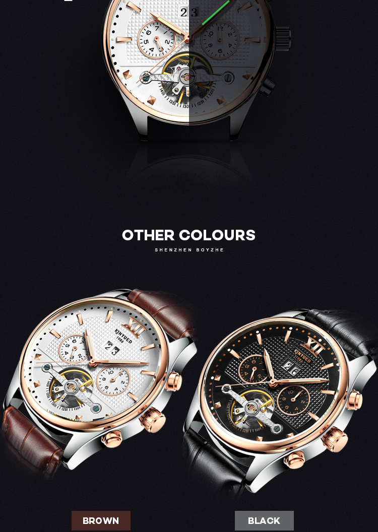 KINYUED Power Reserve Sport Custom Waterproof Watch Genuine Leather Strap For Watch Mechanical Wristwatch