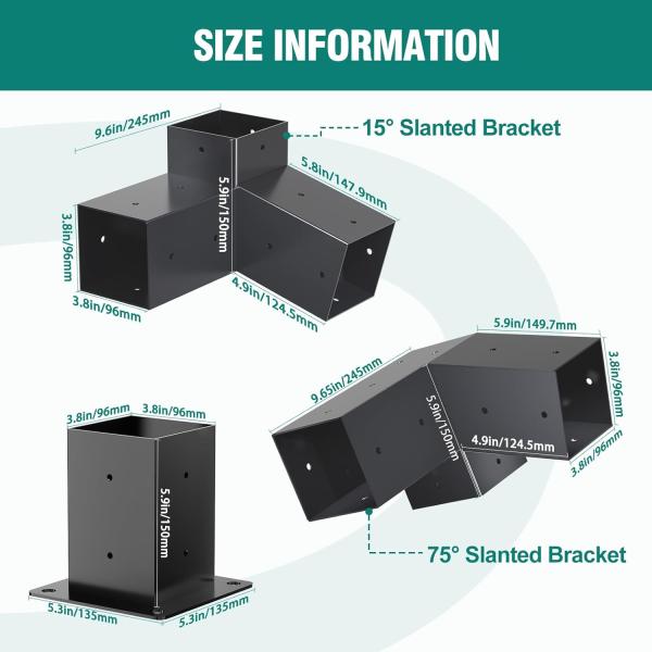 15° Slanted Roof Brackets 75° Pergola Corner Bracket with Post Base Gazebo Kit for 4x4'' Wooden Beams Lumber Patio Sheds