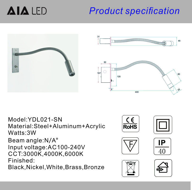 Good quality recessed mounted 3W reading wall lamp hotel led flexible arm bedside reading light for house decoration