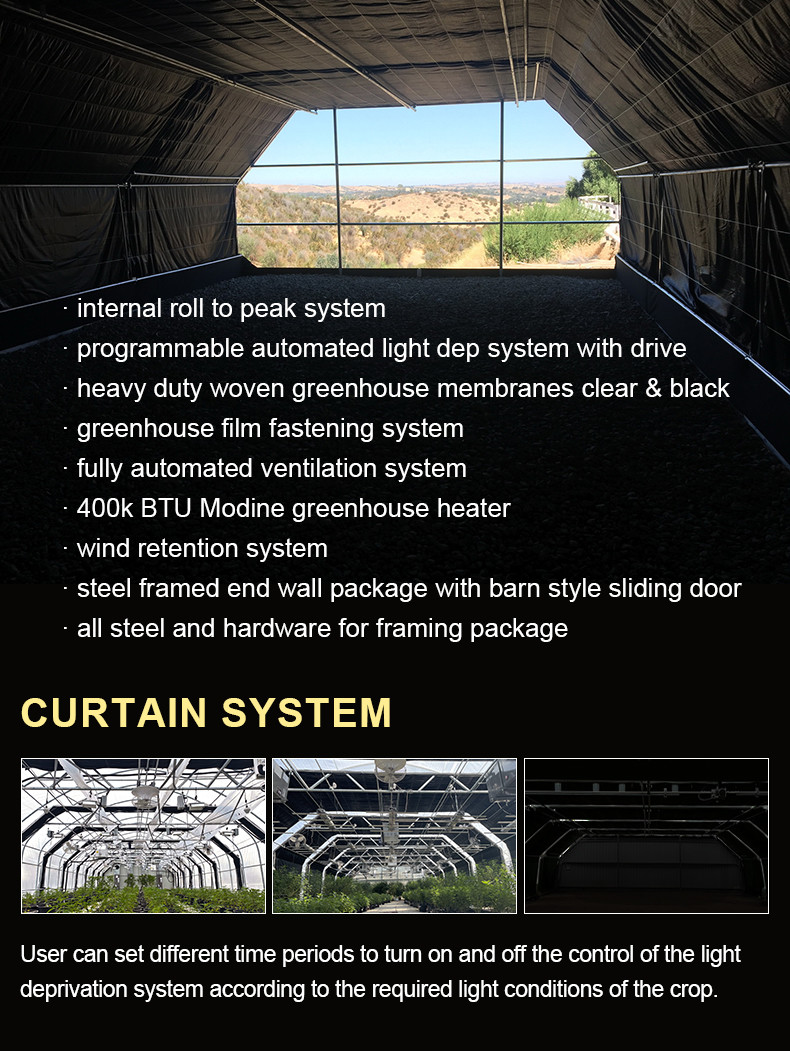 Hot Galvanized Steel Pipes Auto Light Deprivation Greenhouse With Blackout Curtain
