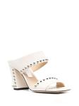 White Lambskin Ladies Block Heel Sandals Metallic Dome Rubber Outsole