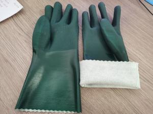 China Sandy finished surface 35cm flock cotton lined Dark green waterproof chemcial resistant anti slip Pvc dipped safety work gloves wholesale
