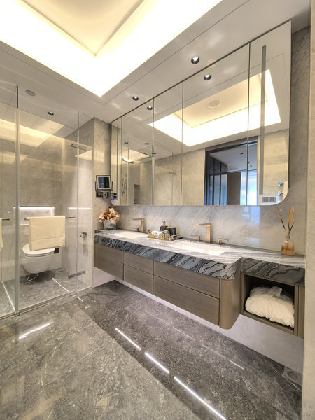 Fadior Luxe Arc – Stainless Steel Bathroom Vanity With Woodgrain Doors & Quartz Top