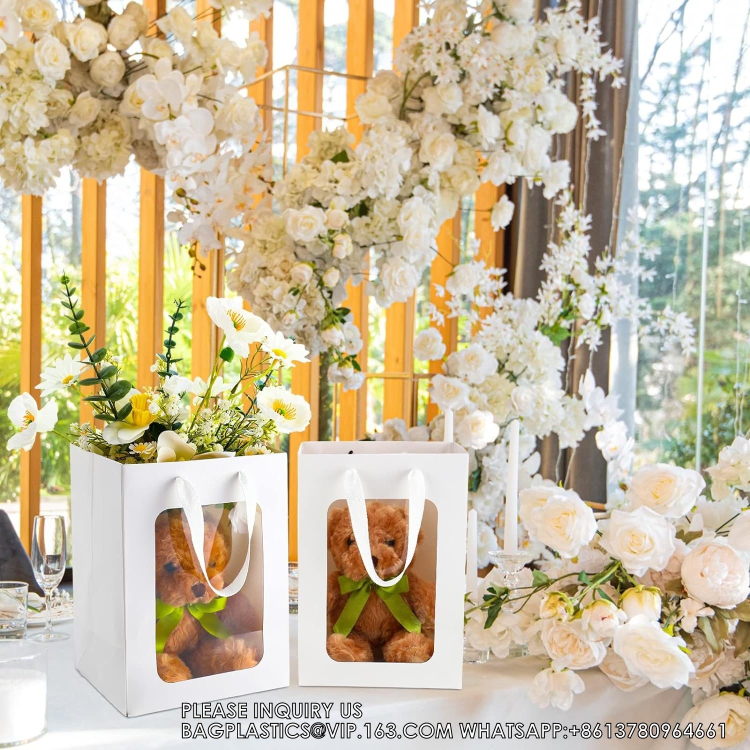 Paper Gift Bags With Clear Window Flower Bouquet Bags for Present Bridal Shower Festivals Party (White)