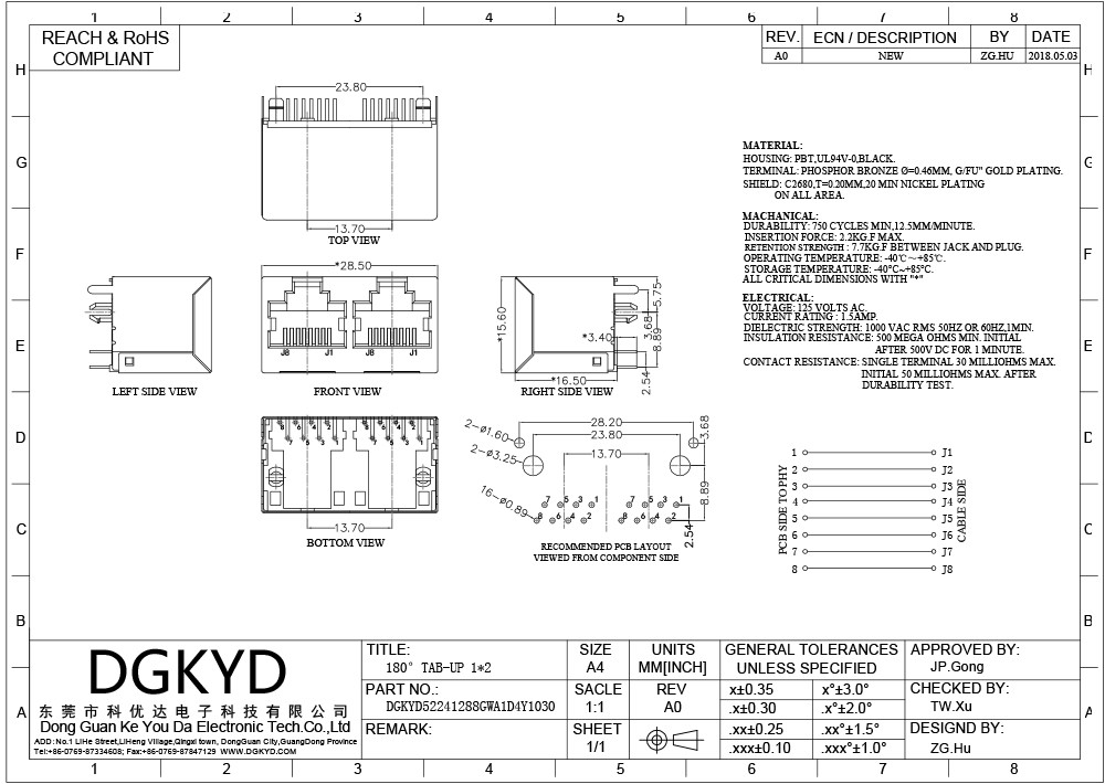 180 Degree 1X2 6P6C RJ45 Connector With Metal Shield