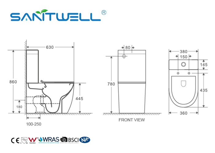 White Rimless Wc Close Coupled Toilet Ceramic Material With Size 630 * 380 * 860mm