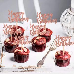 China Rose Gold Glitter Happy Birthday Paper Cupcake Topper wholesale