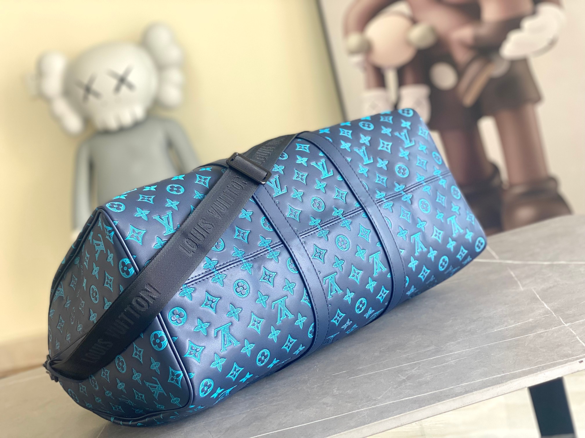 Large Branded Mens Bag Keepall BANDOULIÈRE 50 Blue Boston Bags