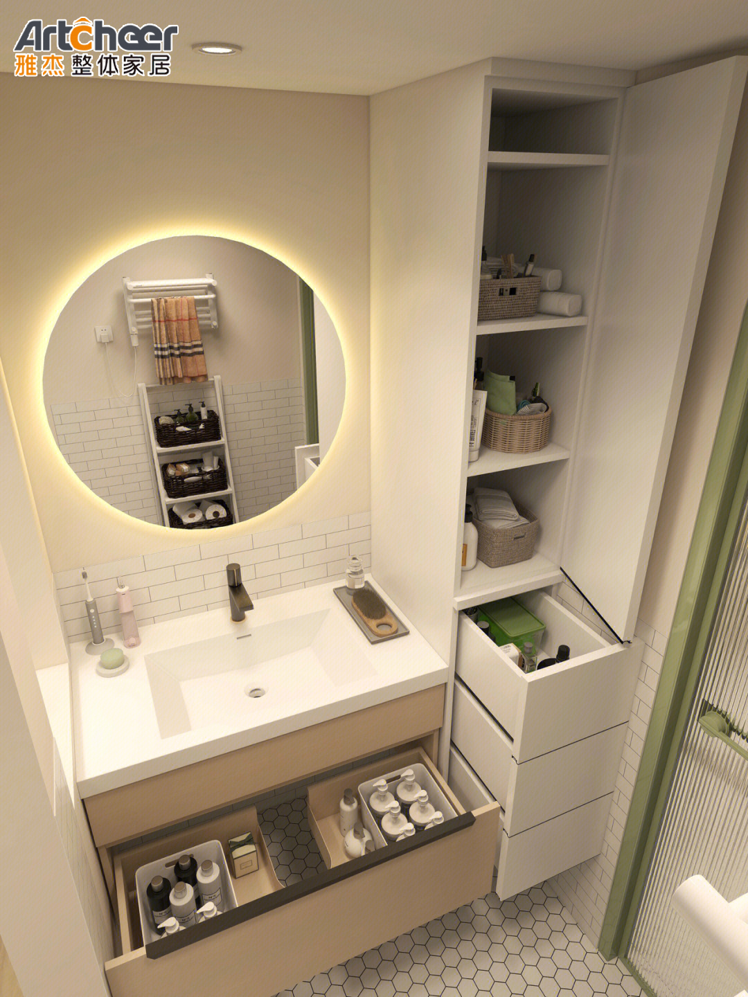 NO Faucet Included Luxury Hotel Center Bathroom Mirror Cabinet with Double Sink Basin