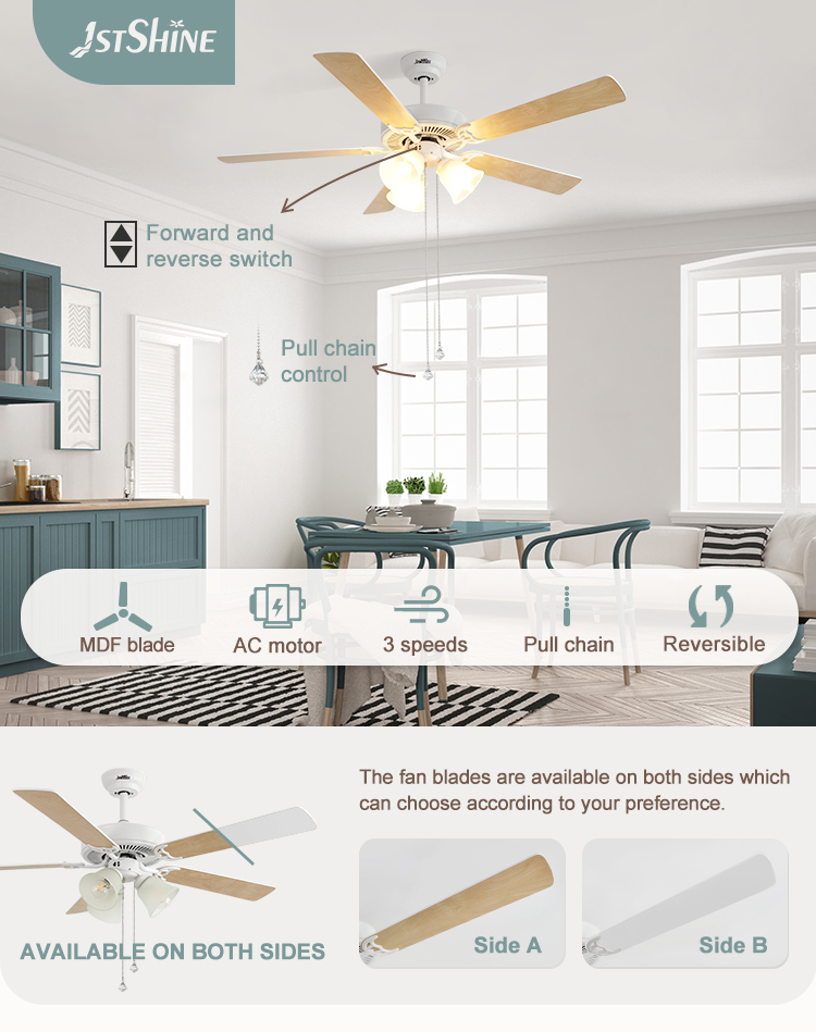 1stshine Ceiling Fan with Light Pull Chain 230V AC 5 MDF Blades in Mulit Colors/OEM