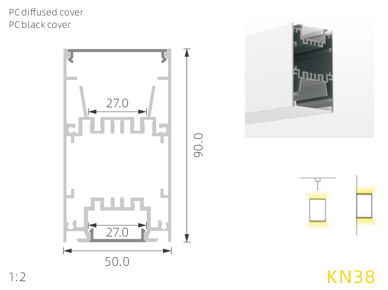Illumination 50*90mm Aluminum channel For Led up and down Lighting
