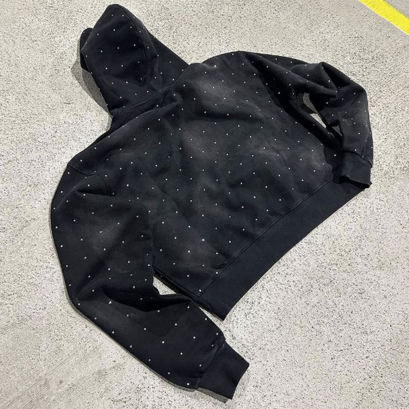Oversized Rhinestone Custom Hoodies Jacket For Men Rhinestone Screen French Terry Vintage Sun Faded Cropped Boxy