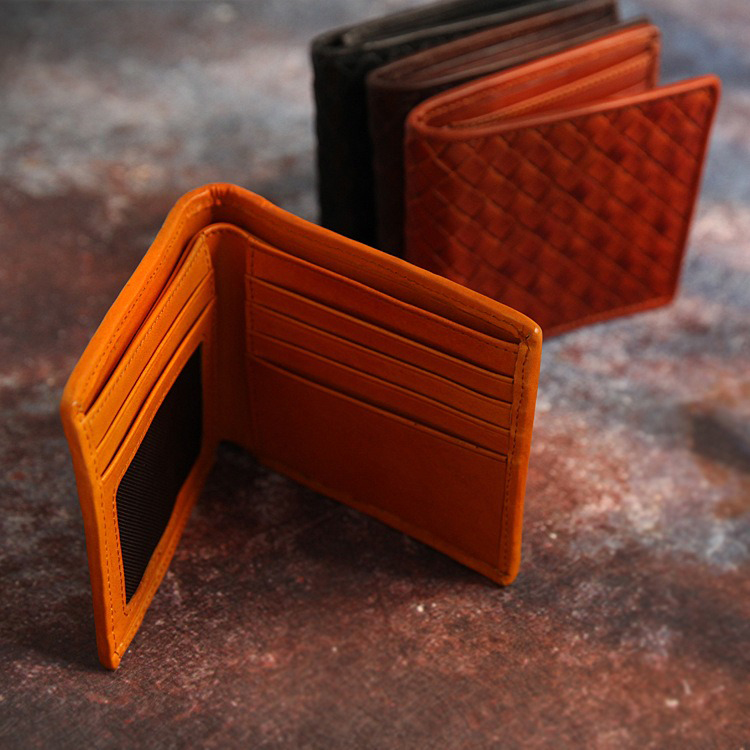 Woven Cowhide Leather Retro Handmade Short Wallet with Open Closure Package Weight 0.1kg