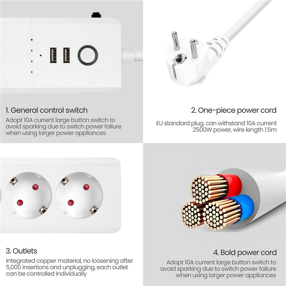 Eu 4 Outlet Smart Usb Power Strip 2kw 16A Smartlife Power Strip