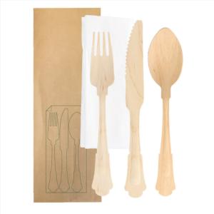 China 200 Mm Disposable Biodegradable Wooden Knife Fork Spoon Napkin Wrapped Kraft Paper Individual Package wholesale