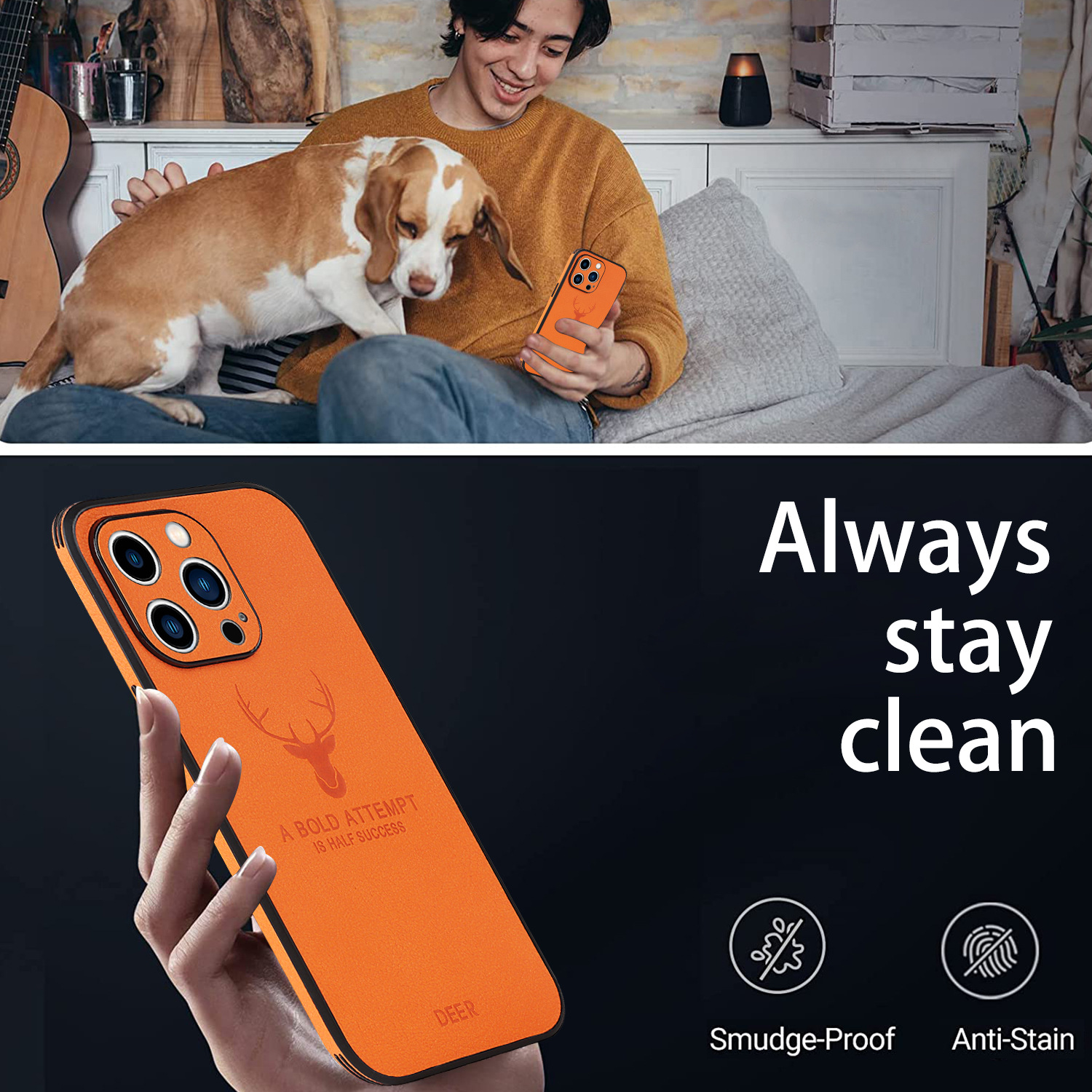 100% Test Luxury Deer Pattern Leather TPU Mobile Phone Case for iPhone 15 Pro Max 14 Pro Camera Lens Protection Orange