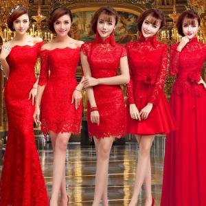 China Chinese Style Red Lace Bridal Dress Boat Neck Gorgeous Evening Dress TSJY094 wholesale