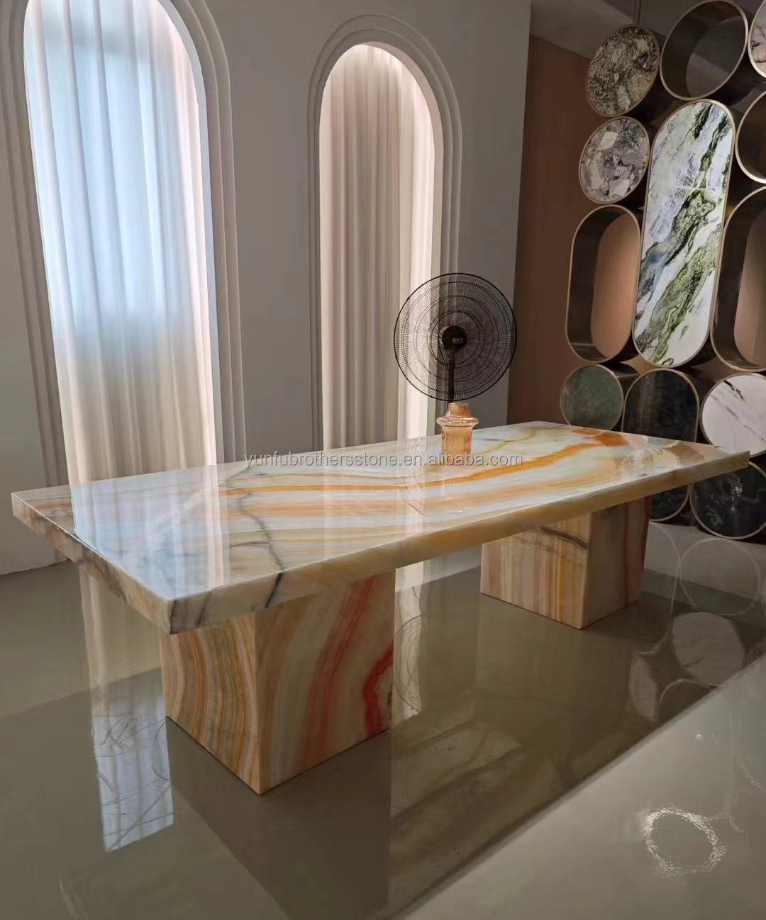 Hotel Table Furniture Design with Natural Stone Bookmatched Rainbow Onyx Marble Slab