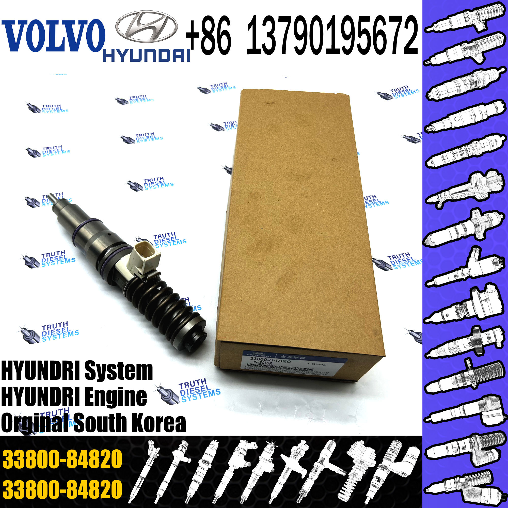 Diesel Injector 33800 84820, 33800-84820, 3380084820, 21306407 BEBE4D19002 for Hyundai D6CC engine