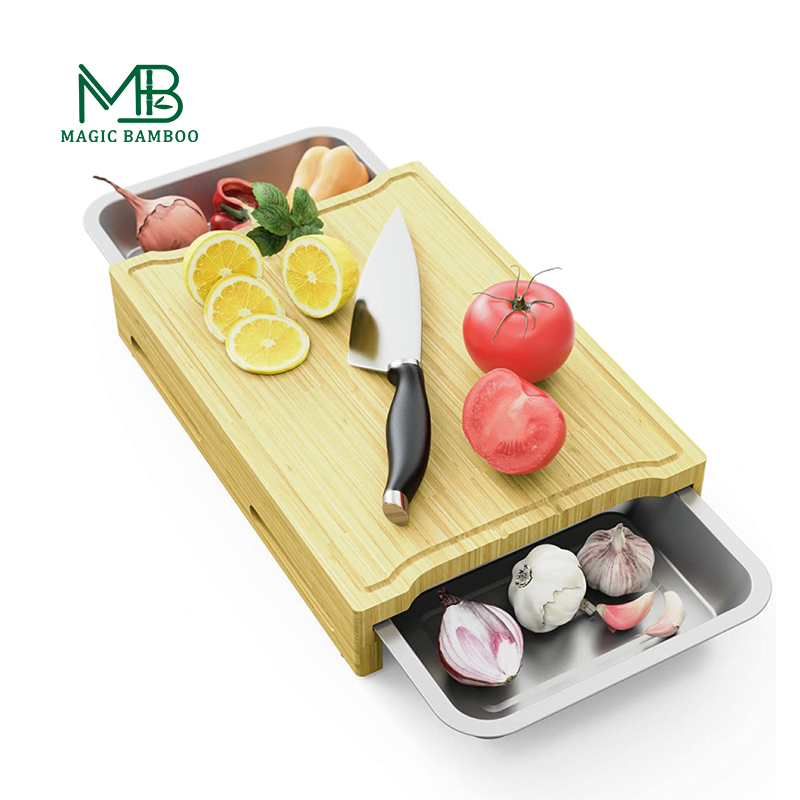 Custom Sustainable Rectangle Bamboo Chopping Board with Stainless Steel Drip Trays