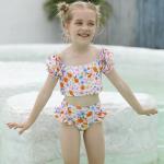 Small Girls' Swimsuit Split White Printed Two Pieces Girl Swimsuit Lace