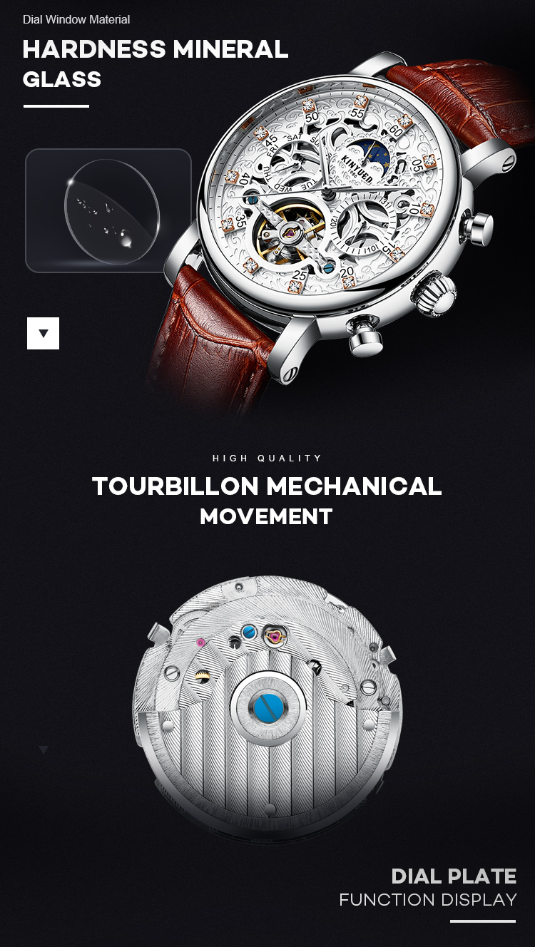 KINYUED Watch Leather Strap Tourbillon Skeleton Watches Men Luxury In Stock Automatic Mechanical Watch