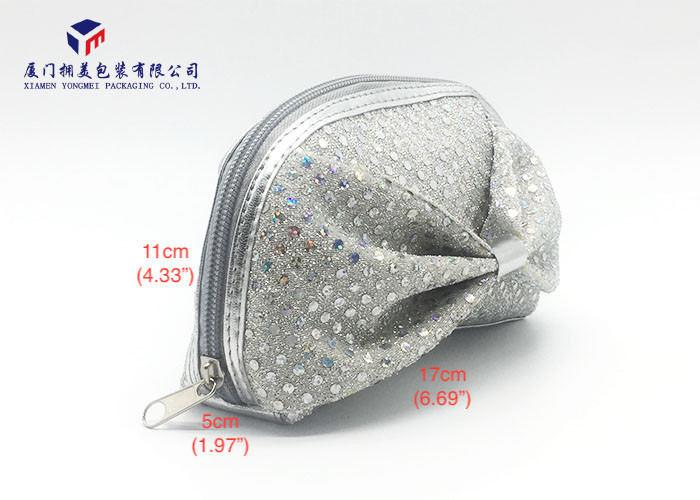 Silver Sequins On Bag Big Bowknot On Front Side Fabric Makeup Bag 20.5X7.5X17.5cm