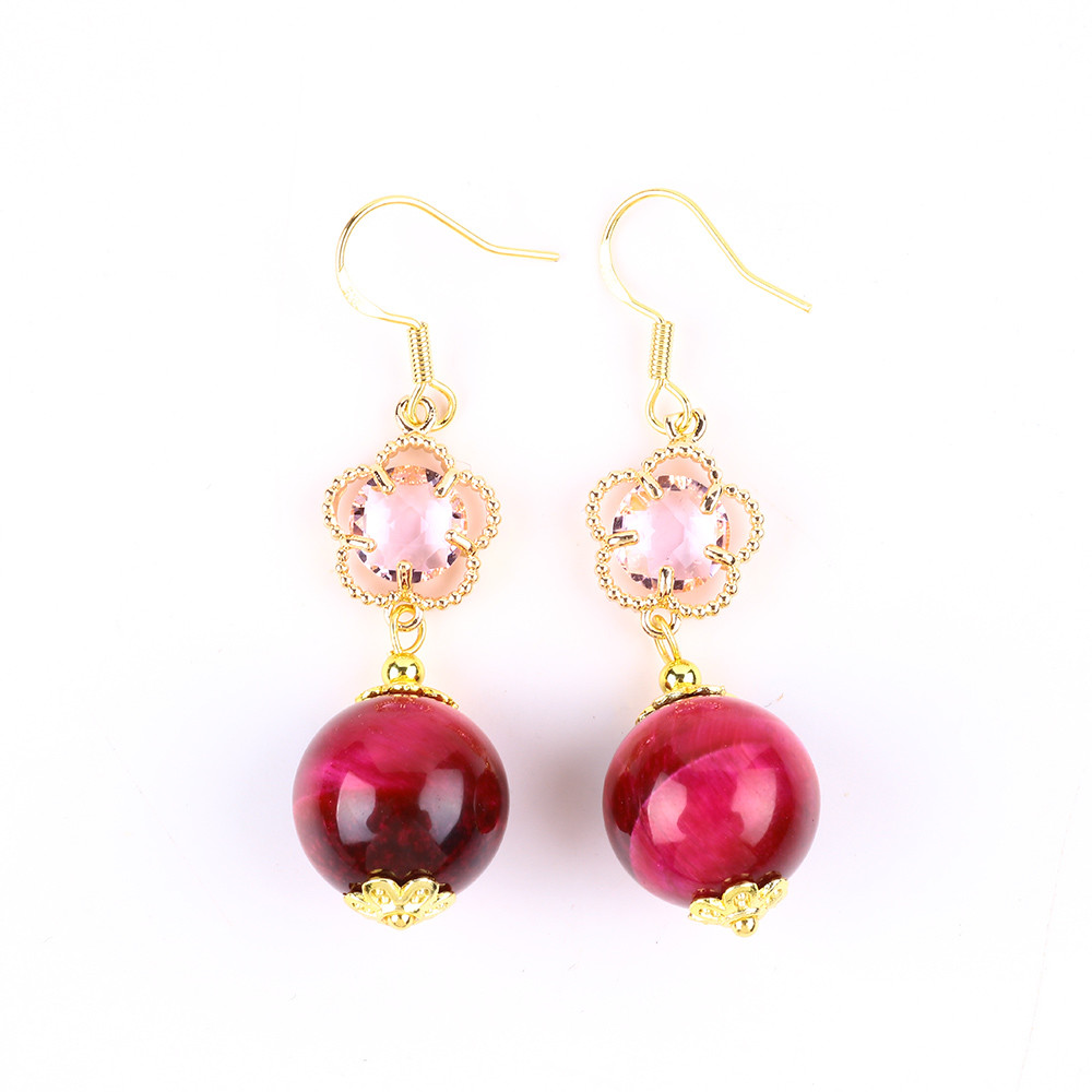 14MM Rose Red Tiger Eye With Pink Flower Charm Round Shape Short Drop Earring For Party Gift