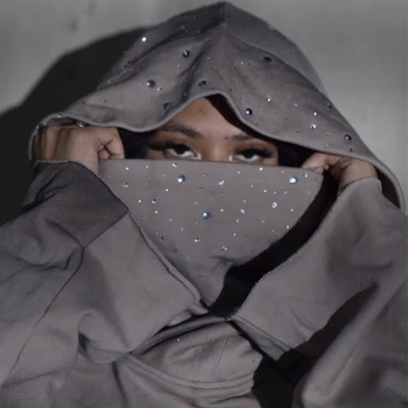Custom Rhinestone Sweat Suit Pullover Distressed Masked Embroidered Patch Hoodies Baggy Stacked Flare Sweat Pant Tracksuit