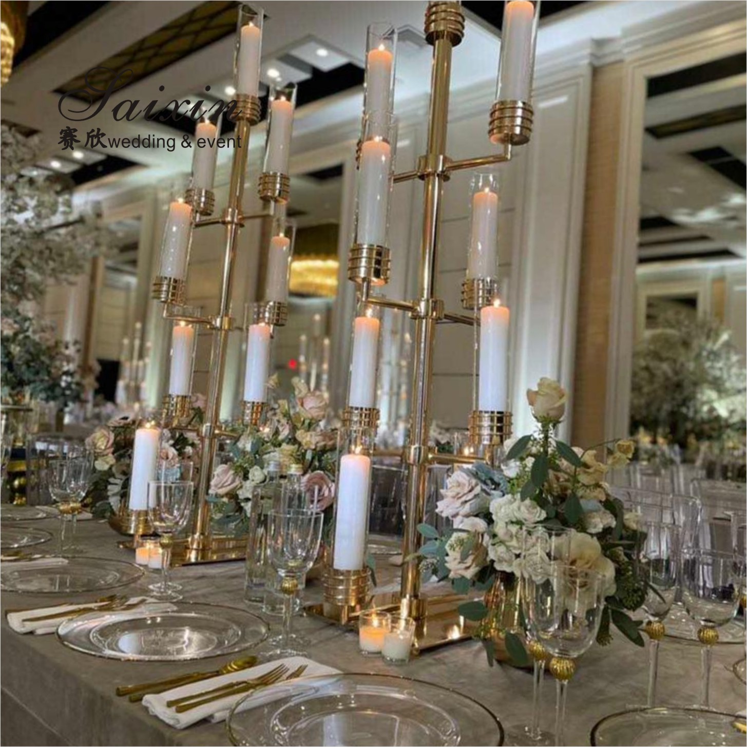 Antique Crystal Glass Candelabra Table Centerpiece 13 Arms Crystal Glass Champagne Gold