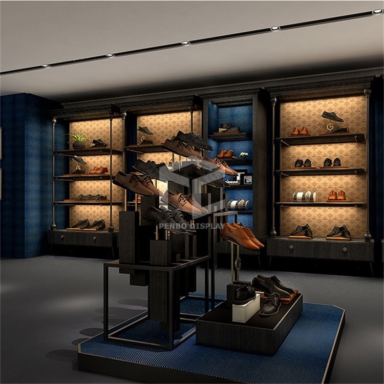 Wood Texture Shoe Store Racks Display 16mm MDF Punching Monomer Design