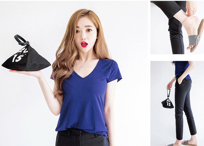 Sexy V Neck Women's T - Shirts Combed Cotton Soft Color Blue Casual Tee