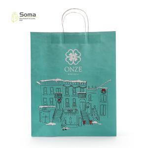 China Twisted Handle Food Take Away Bule Printed Kraft Paper Bags wholesale