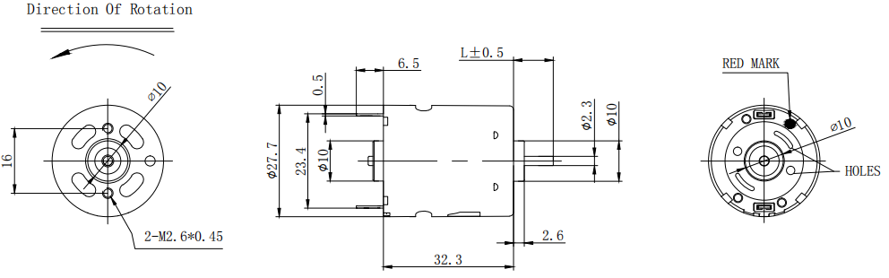 RS360 Dual Shaft 12v DC Electric Motors Dimension