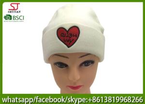 China Chinese manufactuer red heart embroidered knitting stripe hat cap beanie 79g 20*22cm 100%Acrylic keep warm wholesale
