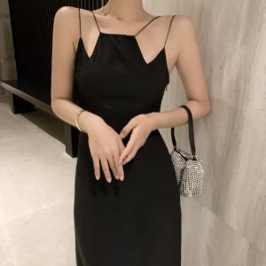 China Retro Irregular Hem Suspender Sexy Elegant Black Dress wholesale