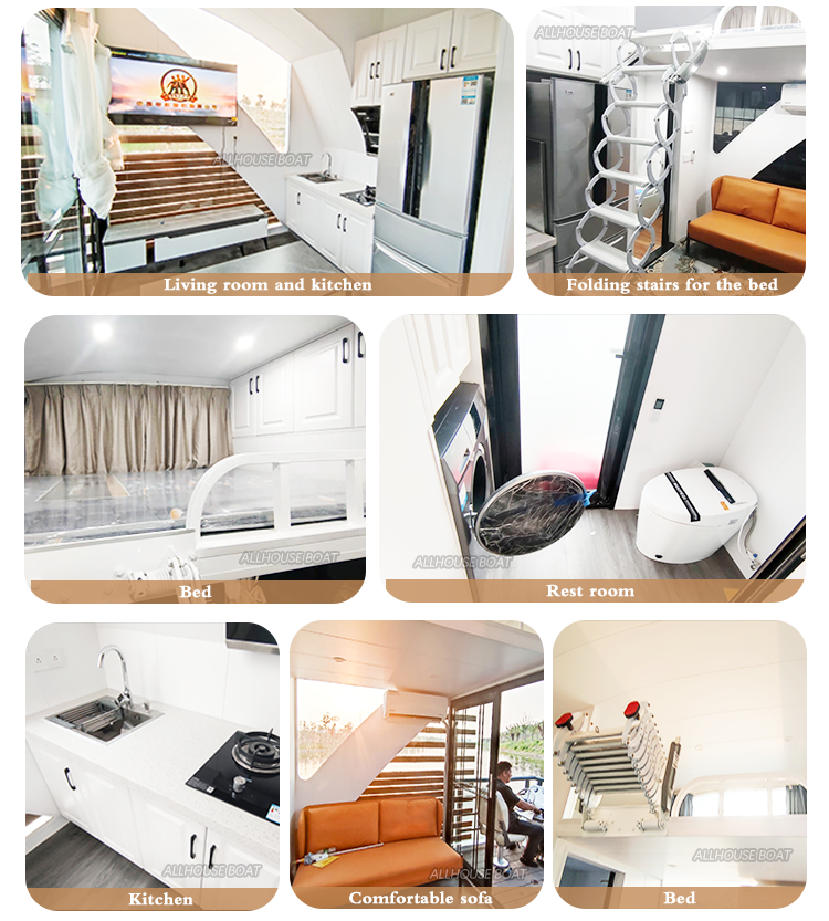 High Capacity 6 Person House Boat Floating House Pontoons with Kitchen