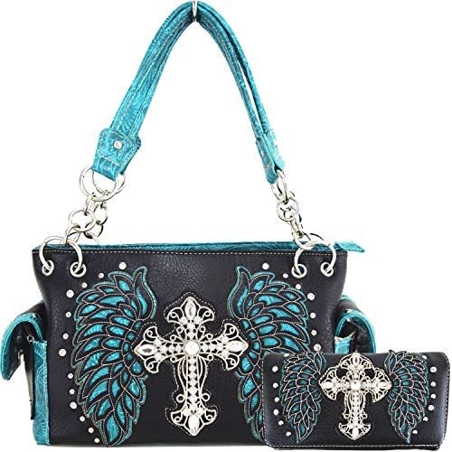 WESTERN STYLE RHINESTONE CROSS STUDDED LASER CUT WINGS TOOLED LEATHER PURSE WOMEN HANDBAGS COUNTRY SHOULDER BAG WALLET S