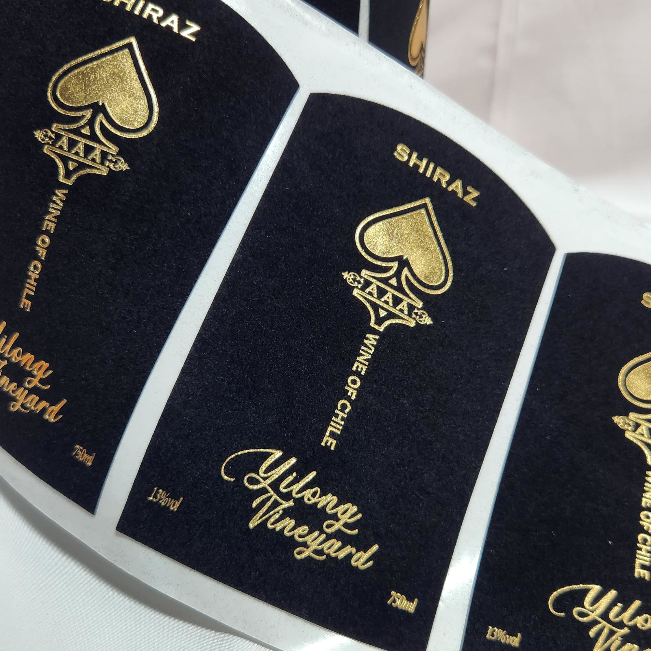 Custom Sticker Velvet Printing Textured Raised Spot UV Copper Gold Foil 3D Embossed Red Wine Sticker Label for Bottles