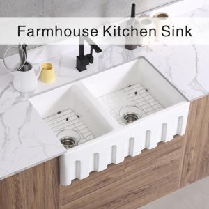 China 33In Double Bowls Farmhouse Kitchen Sink Fireclay Country Style Sink wholesale