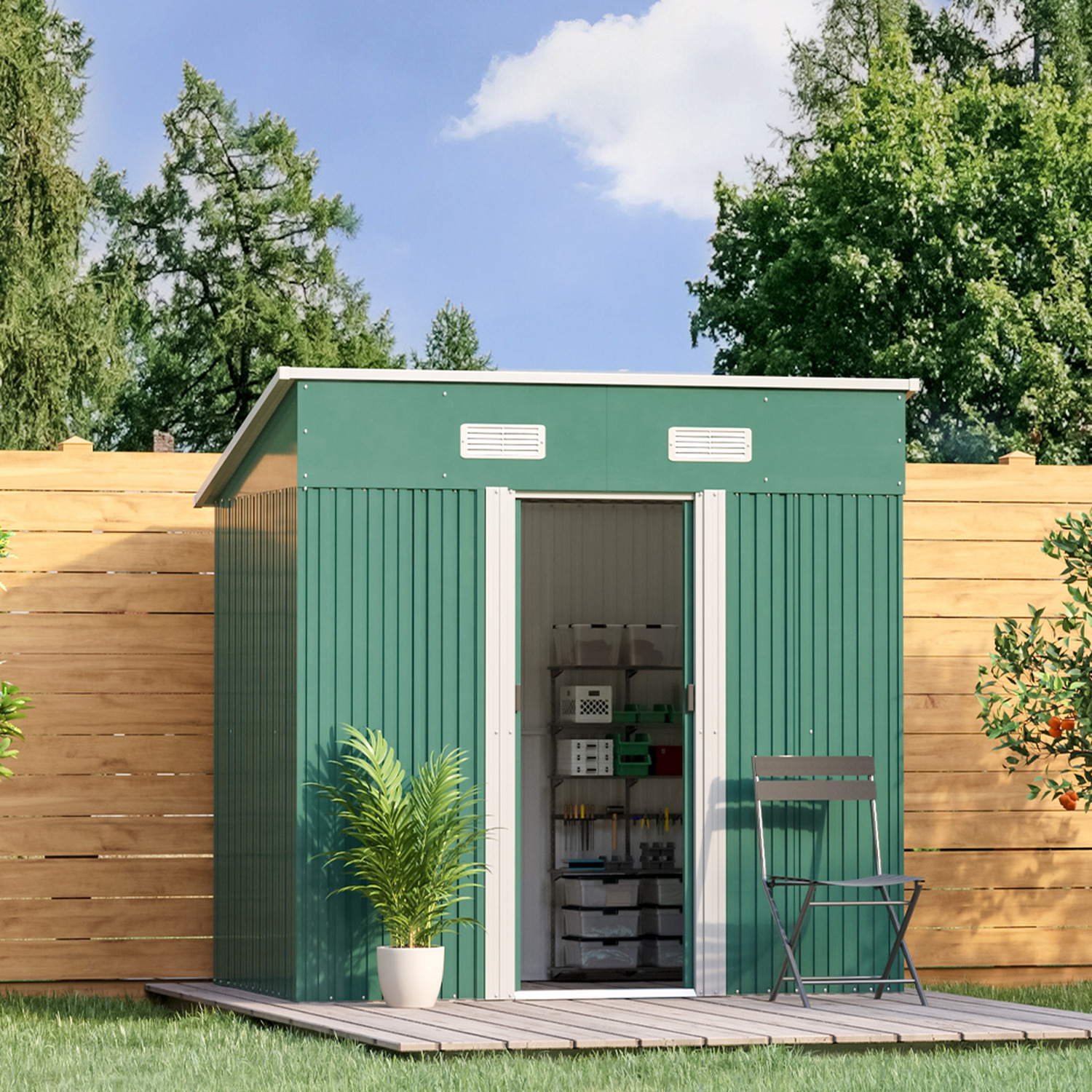 Color Steel Plate Metal Garden Storage Shed 2 Air Vent for Tools Bike Galvanized Steel