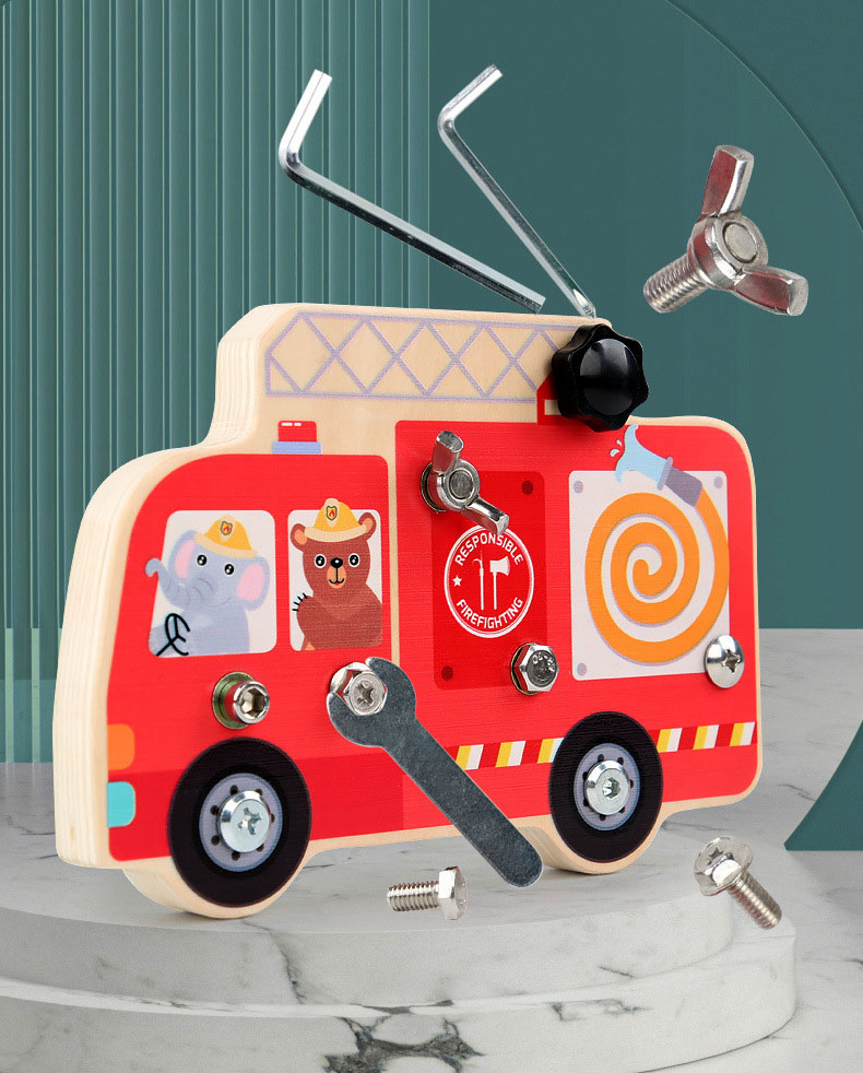 Preschool Wooden Car Busy Board Gear Unlocking Project Fire Truck Kindergarten Puzzle Toy