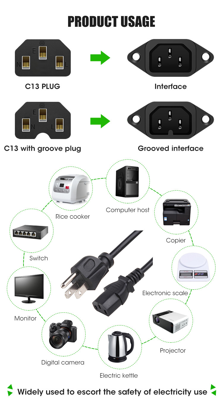 Black USA Power Cord 0.75m 5m 3 Pin NEMA 5-15P Plug To IEC 320 C13 US Type
