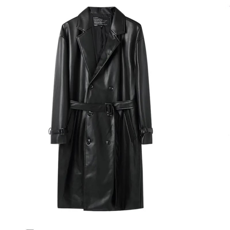 Csutom Men Leather Long Black Hip Hop Double Breasted Trench Coat