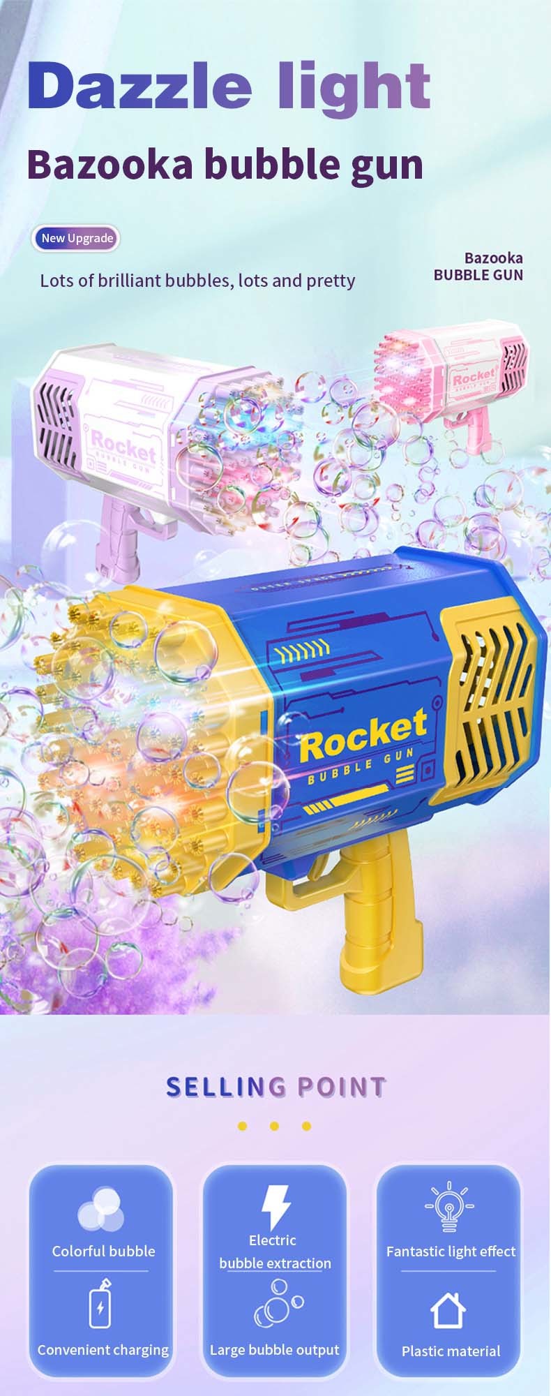 Bubble Gun Rocket 69 Holes Soap Bubbles Machine Christmas Gift Gun Shape Automatic Blower With Light Toys For Kids