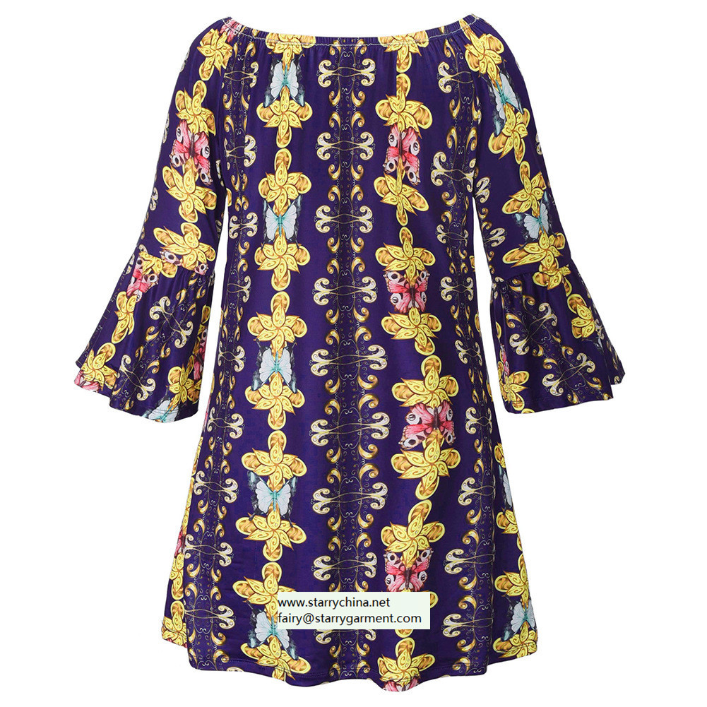 flower and phoenix patterns printed women fashion short dress with puff sleeve in off shoulder